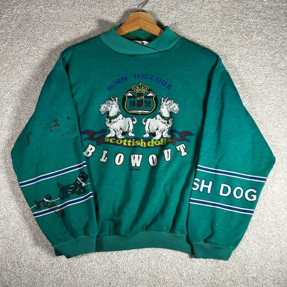 Vintage 80s Scottish dogs blowout brand retro teal crewneck sweatshirt - Picture 1 of 6
